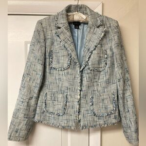 INC Light Blue/Dark Blue/White Tweed Fringe Blazer sz 10